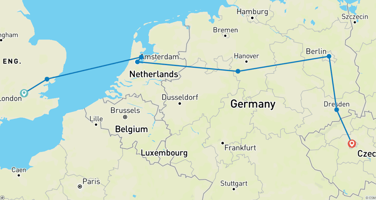 Mapa do percurso de Viagem Europeia