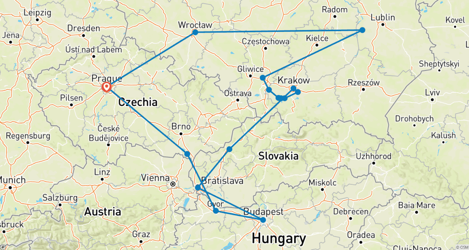 Mapa do percurso de República Tcheca, Budapeste e o Coração da Polônia, Terminando em Praga