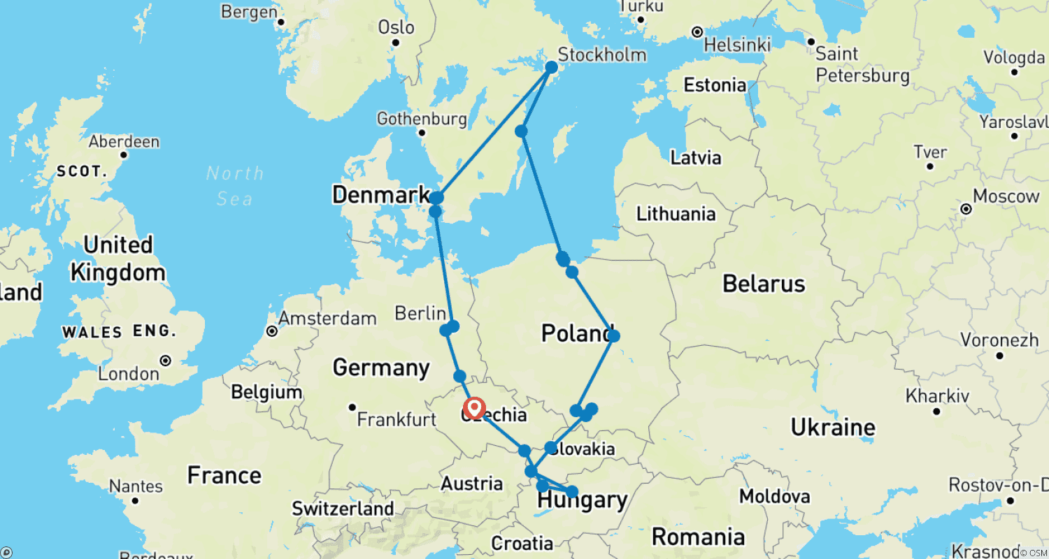 Mapa trasy: Europa Wschodnia, Polska i Skandynawia Zakończenie w Pradze ROT