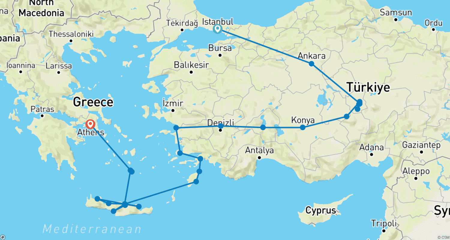Mapa trasy: Wspaniała Turcja, Rodos i Kreta — przylot do Aten
