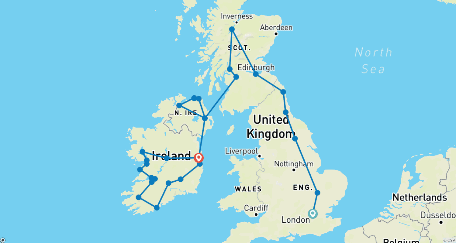 Great British and Irish Route from North to South, Ending in Dublinのルートマップ