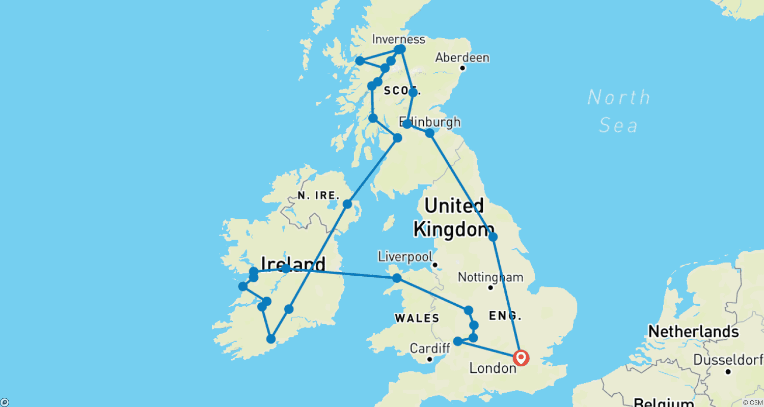 Mapa trasy: Londyn, Highlands, Irland i południowa Anglia
