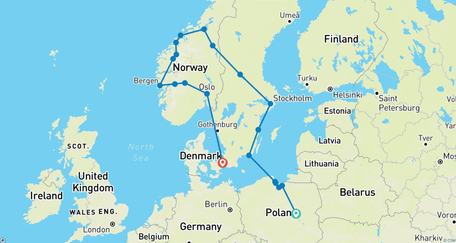 Mapa trasy: Fantastyczna Polska i fiordy — zakończenie w Kopenhadze