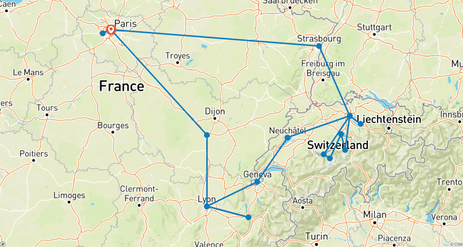Mapa do percurso de França e Suíça