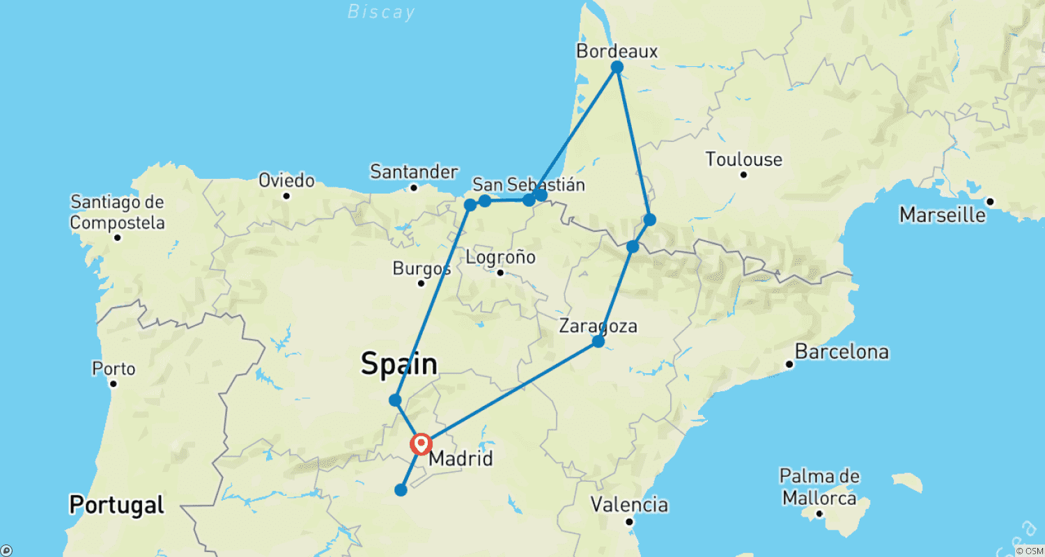 Madrid and the Basque Country with Lourdesのルートマップ