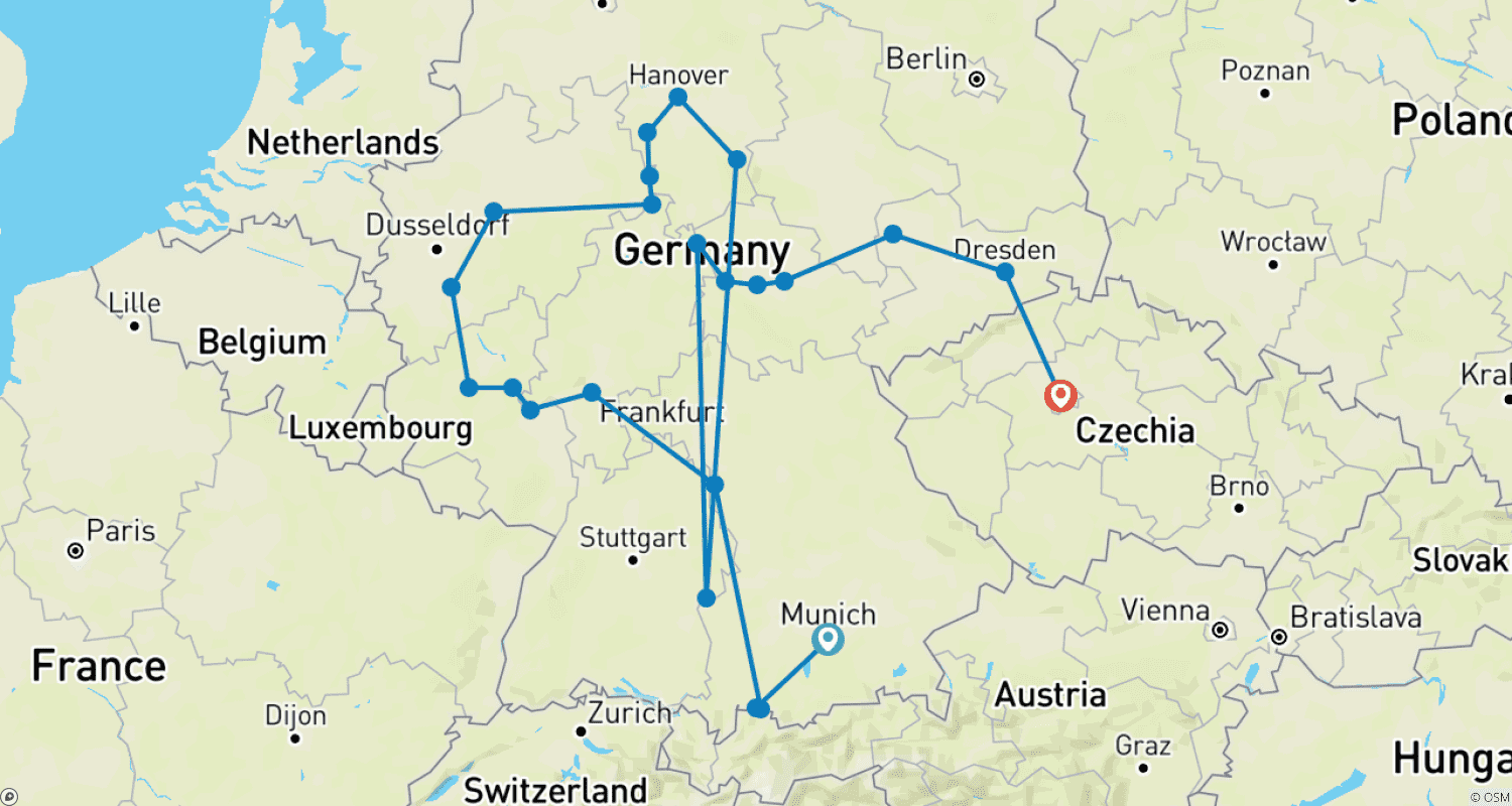 Mapa do percurso de Da Baviera a Praga