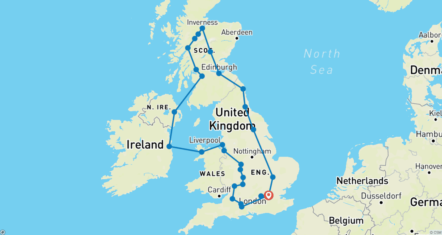 Mapa trasy: Szkocja, Irlandia i Południowa Anglia z Londynem