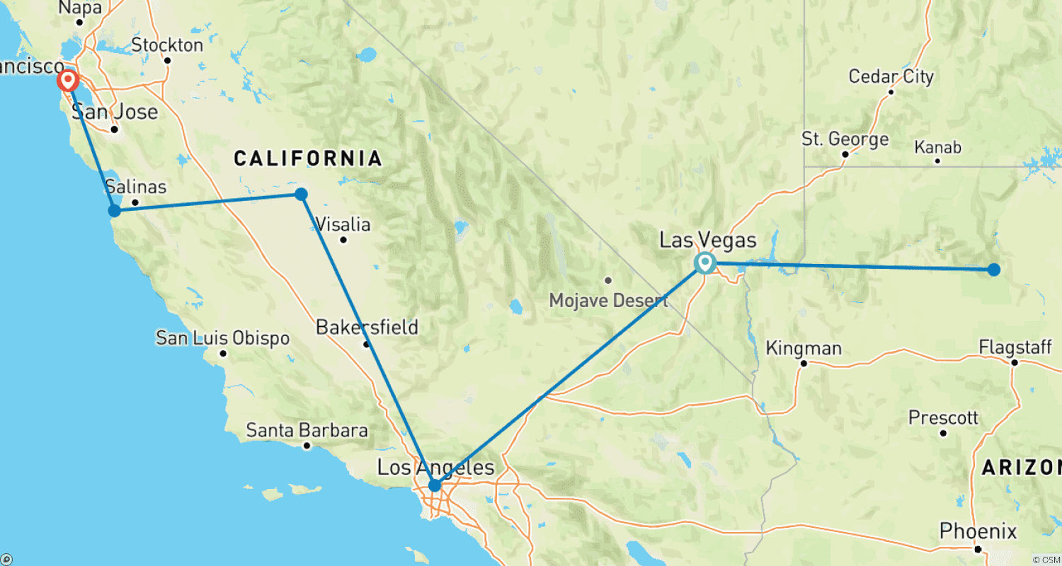 Mapa do percurso de West Coast Wonders: Las Vegas to San Francisco