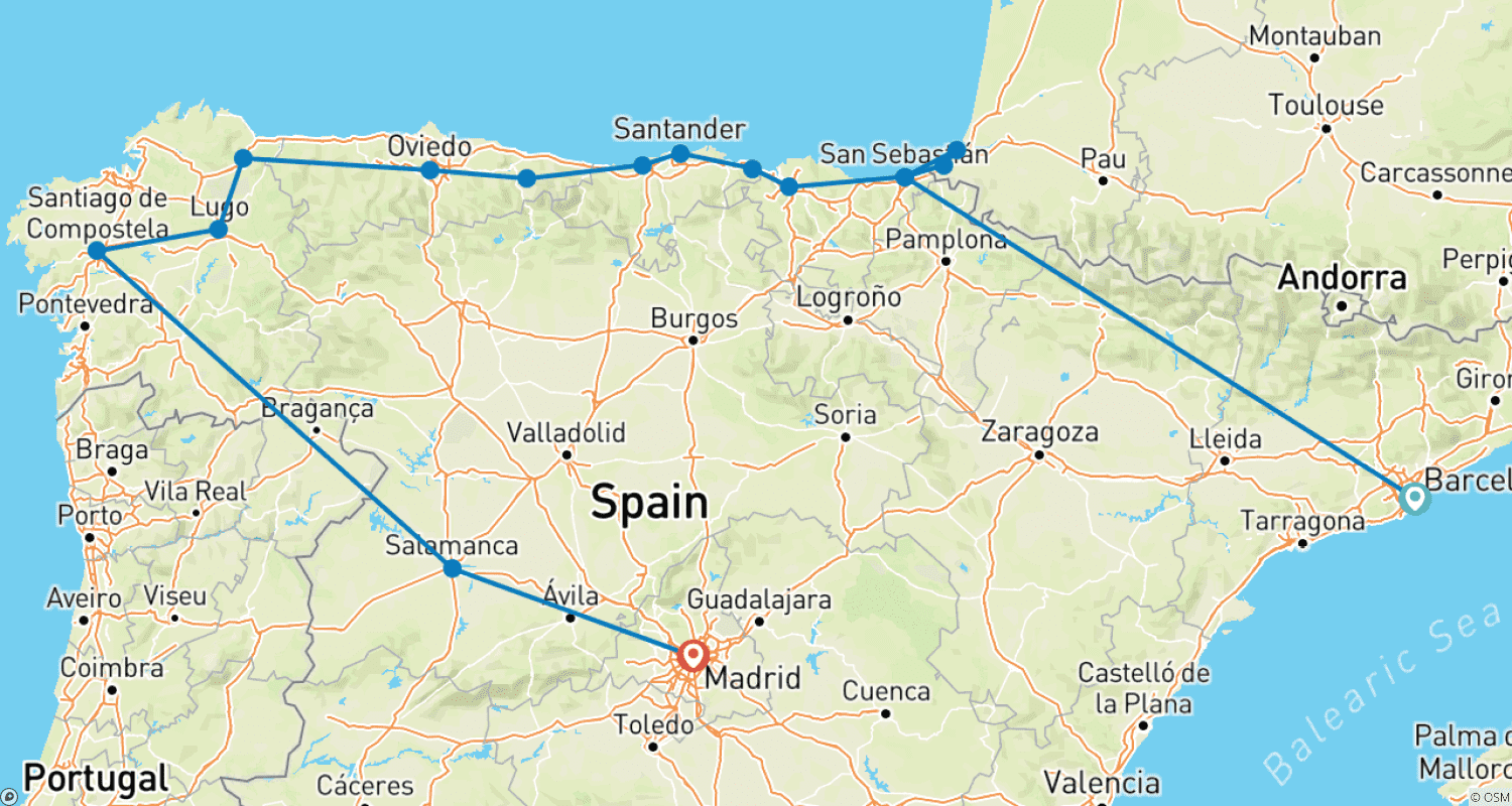 Mapa trasy: Północna Hiszpania 10 dni
