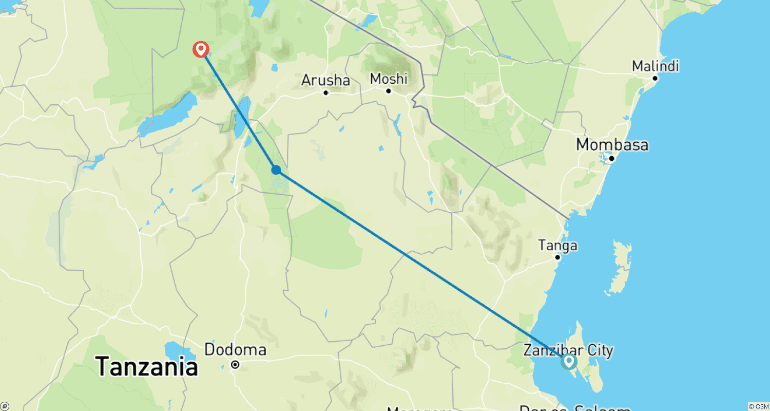 Mapa do percurso de 5 Dias: 2 noites na Praia de Zanzibar e 2 noites em Tarangire, Ngorongoro