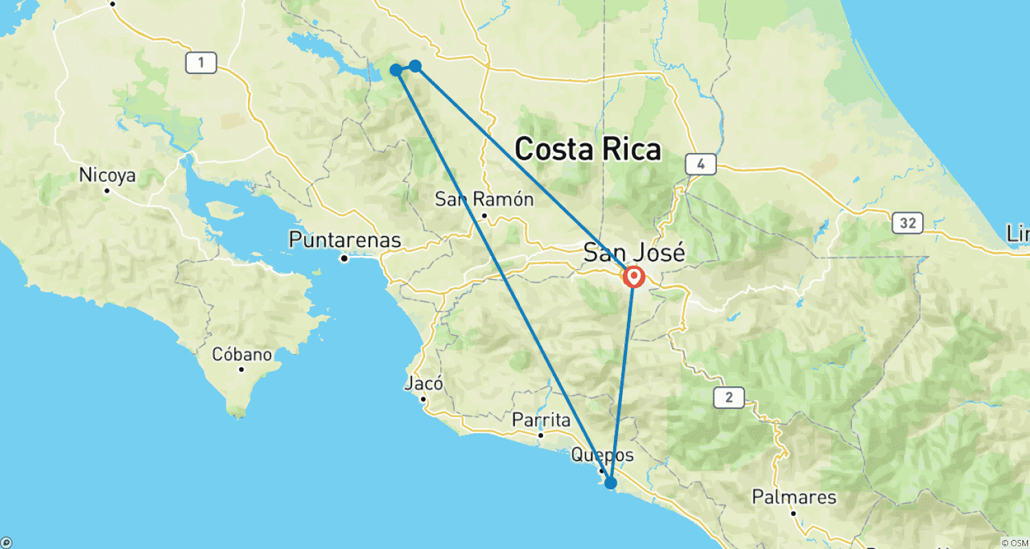 Mapa do percurso de Excursão Personalizada de 7 Dias Clássica aos Vulcões da Costa Rica, Partida Diária e Guia Privado