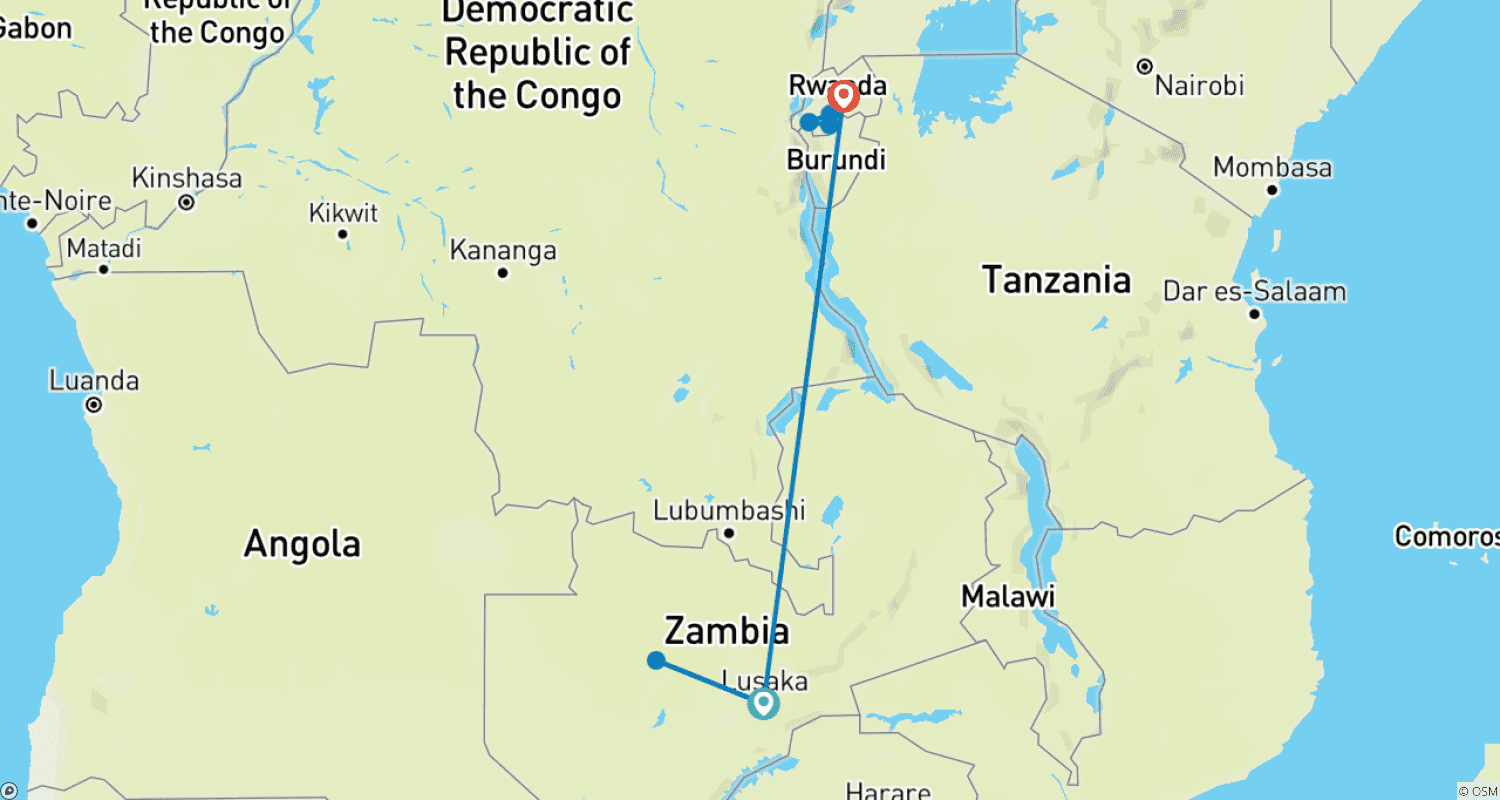 Mapa trasy: 6 Dni Park Narodowy Kafue (Zambia) i Park Narodowy Nyungwe (Rwanda)