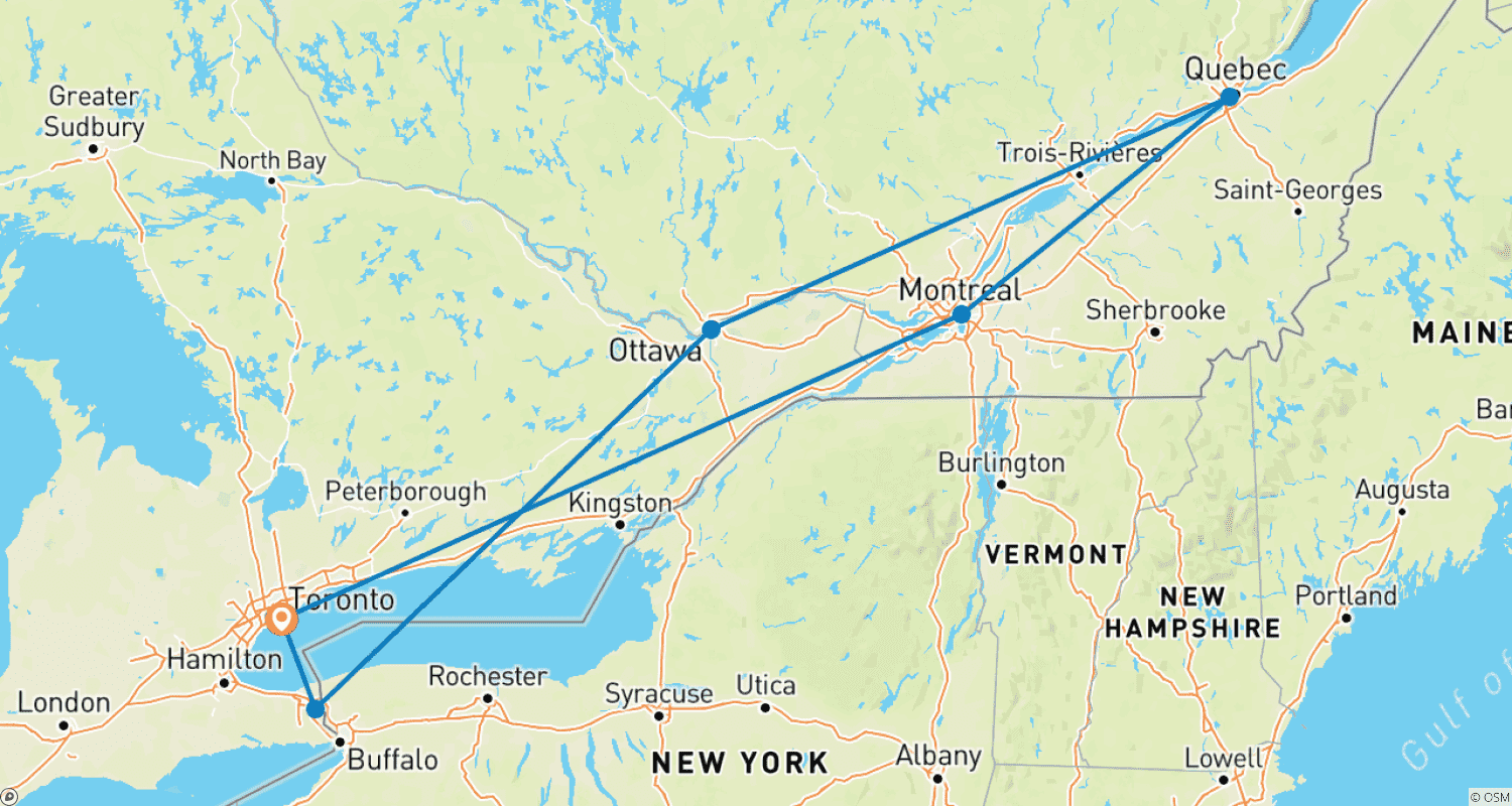 Mapa trasy: Wschodnie Szlaki Kanadyjskie z Toronto