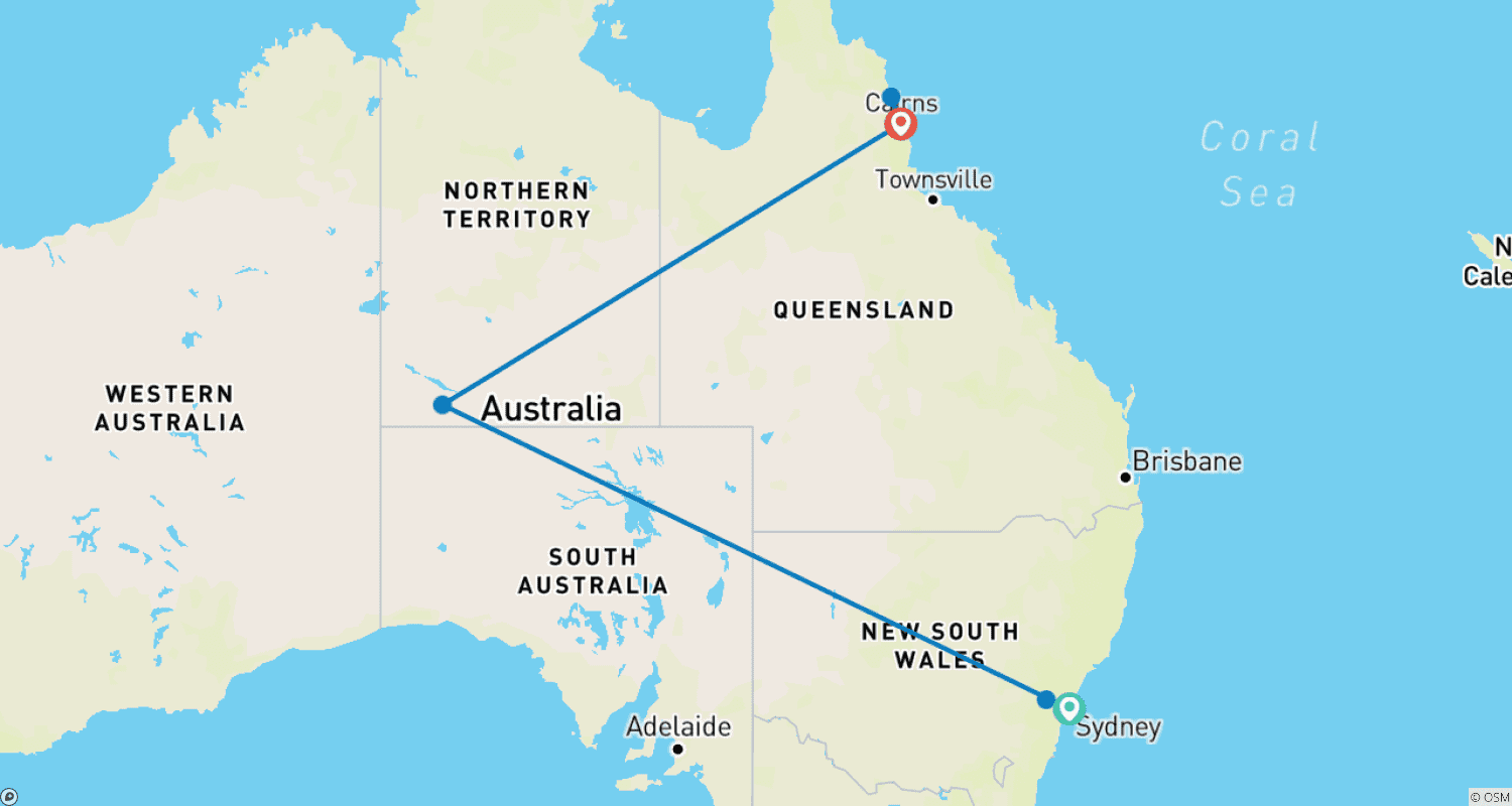 Mapa trasy: Sydney, Uluru & Cairns Highlights