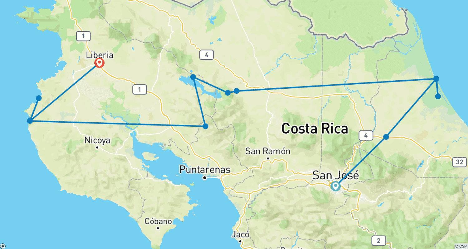 خريطة مسار Customized 11 Days Costa Rica Private Guided Tour for Nature Lover, Daily Start