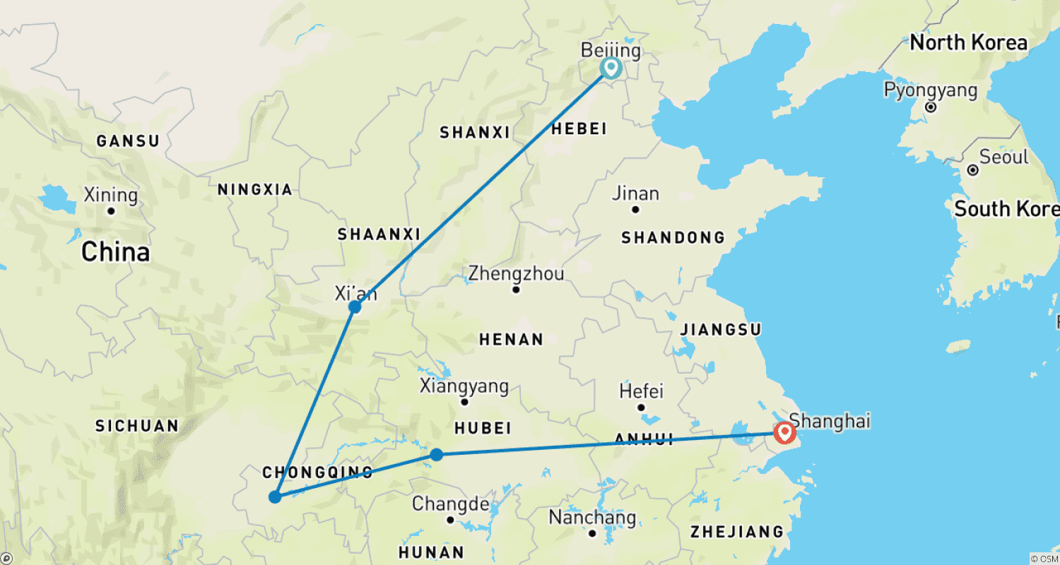 Mapa trasy: 11 Dni Prywatna Wycieczka po Chinach: Pekin-Xi'an-Rejs po Jangcy-Szanghaj