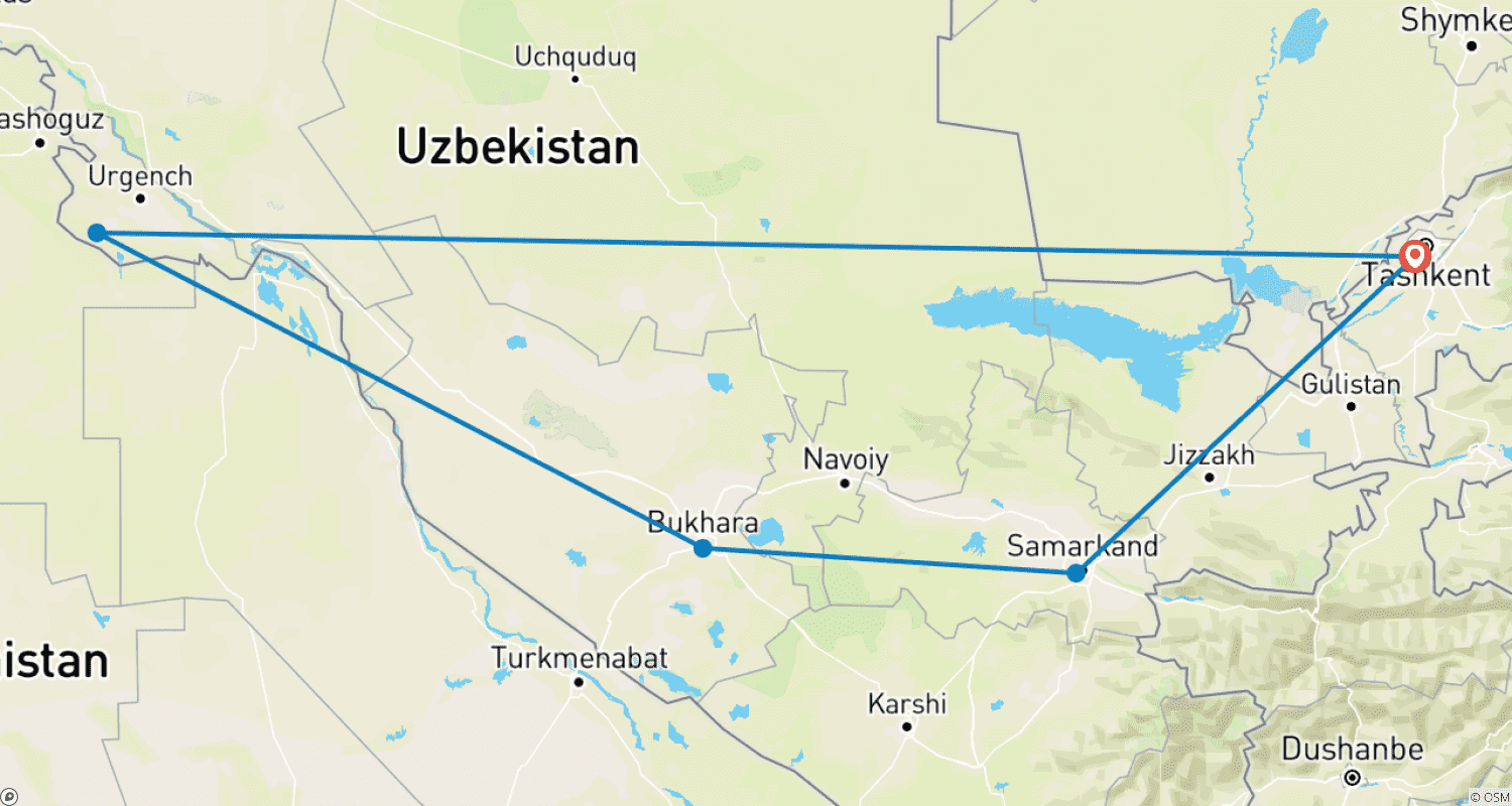 Mapa trasy: Ponadczasowa legenda, wycieczka 7 dni po Uzbekistanie