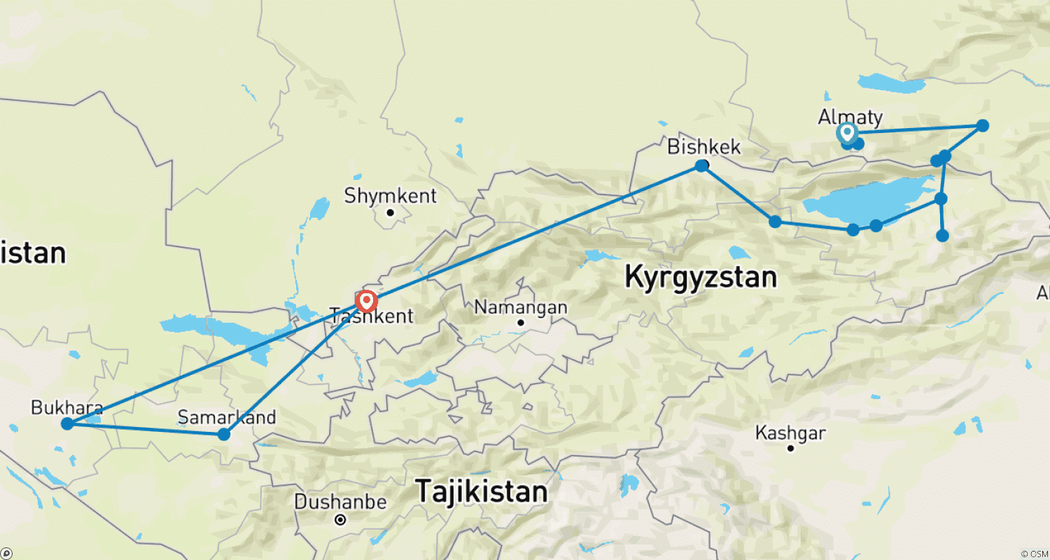 Mapa do percurso de Across the Steppes and Silk Road, 3Stans 13-day tour