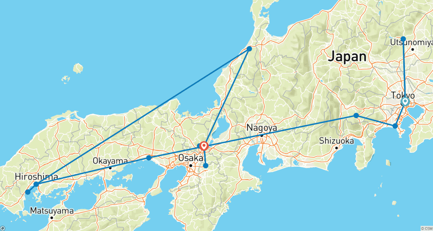 Mapa do percurso de Japan for Individualists (incl. flight) (from Tokyo to Kyoto)