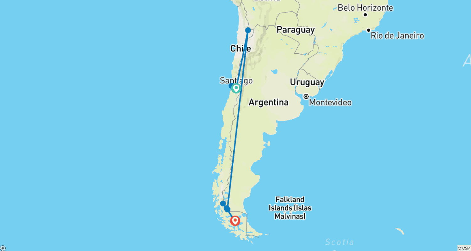 Mapa trasy: Chile from North to South: Atacama, Santiago and Patagonia - 10 DAYS/9 NIGHTS