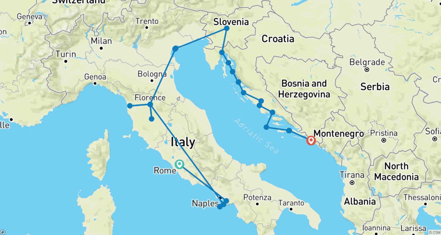 Mapa do percurso de Tastes of Italy with Adriatic Coastal Cruise Rome → Dubrovnik (2027)