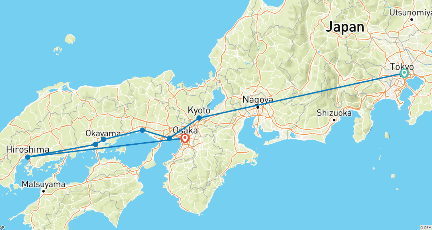 خريطة مسار 13-Day Cultural Voyage: Tokyo, Kyoto, and Hiroshima (Self-Guided)