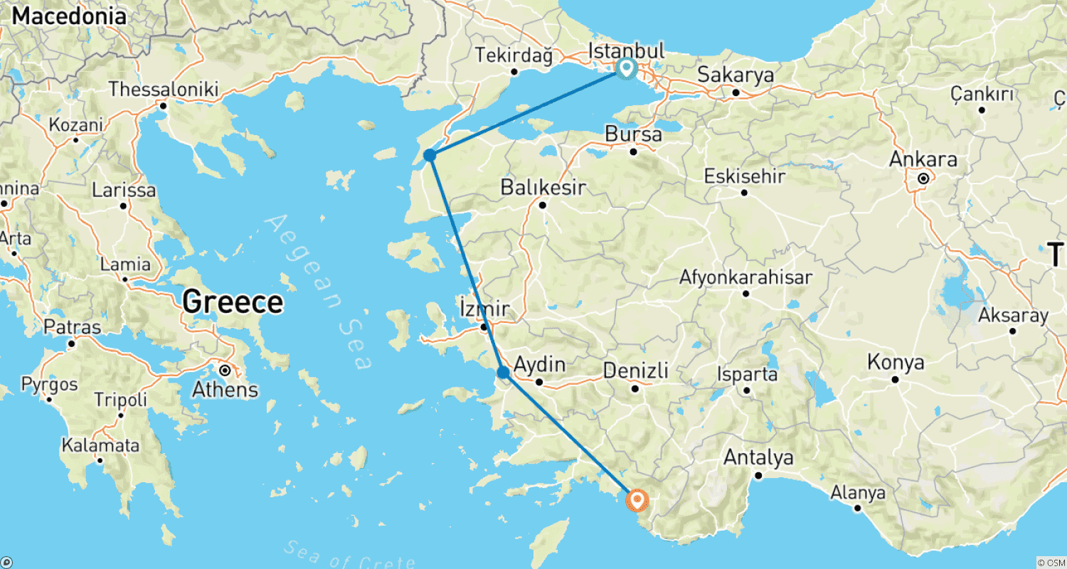 Mapa do percurso de Istanbul to Fethiye - 6 Day Tour
