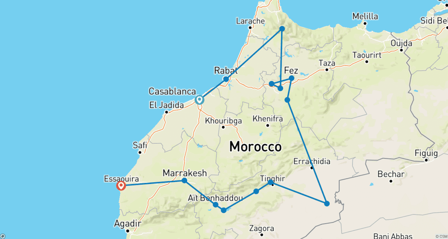 خريطة مسار جولة المغرب الكبرى الخاصة لمدة 10 أيام من الدار البيضاء