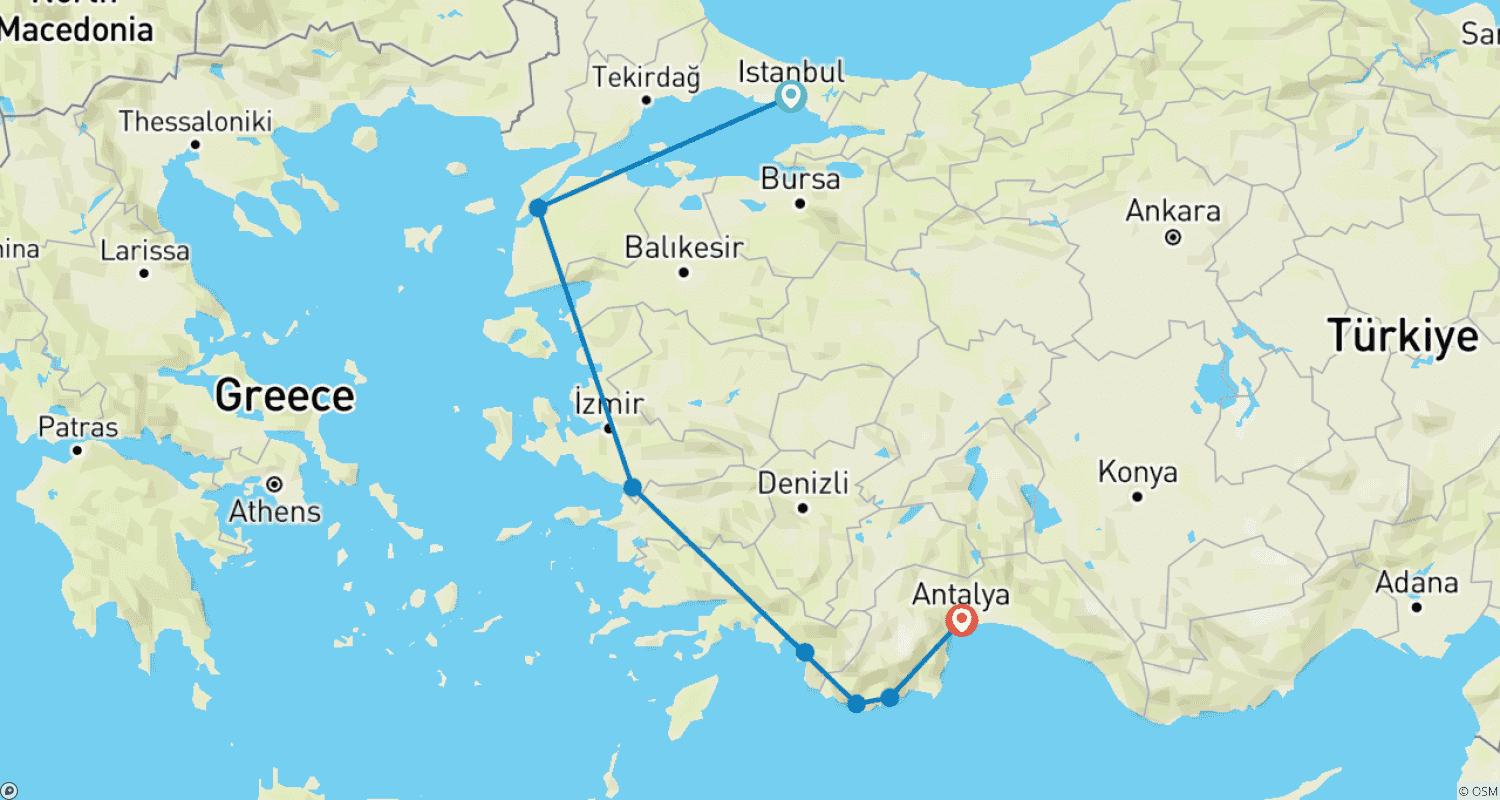 Mapa trasy: Stambuł do Antalyi + Rejs z Fethiye do Olympos - 9 dni