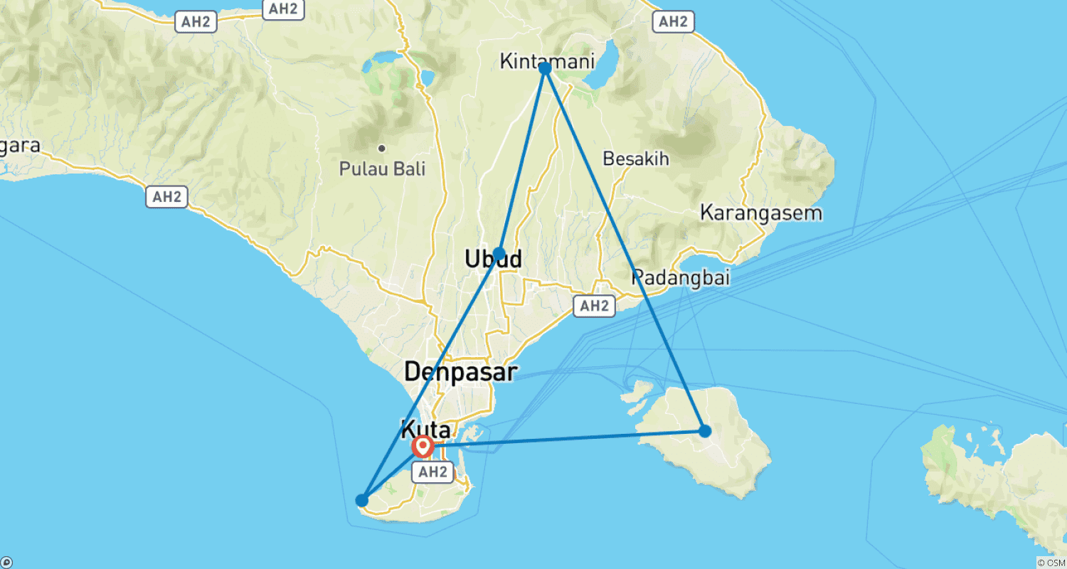 Mapa do percurso de Lua de Mel Romântica em Bali e Ilha de Nusa Penida