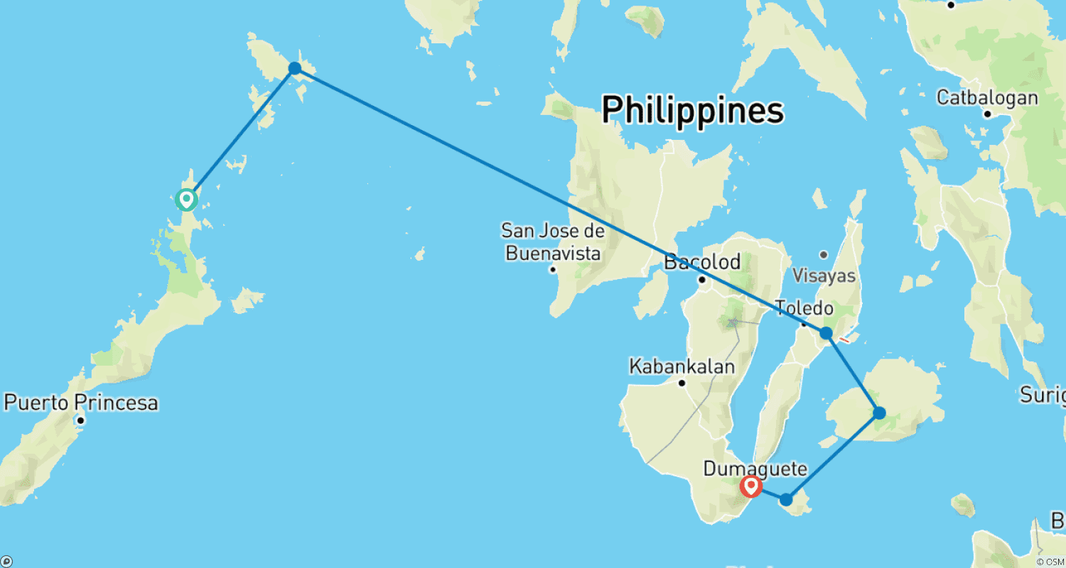 Mapa trasy: Najważniejsze atrakcje El Nido, Coron, Bohol, Siquijor i Dumaguete