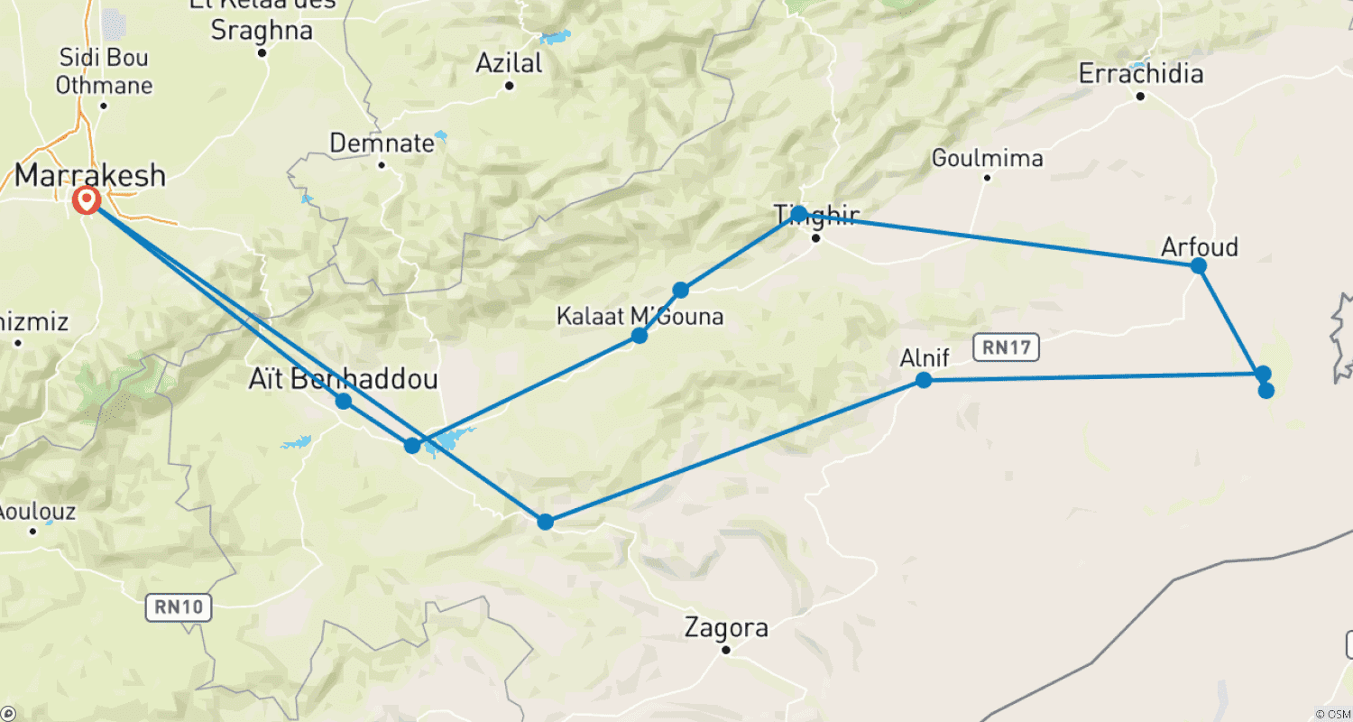 Mapa do percurso de De Marraquexe: Excursão Privada de Luxo de 3 Dias ao Deserto de Merzouga (Hotéis 4 Estrelas)