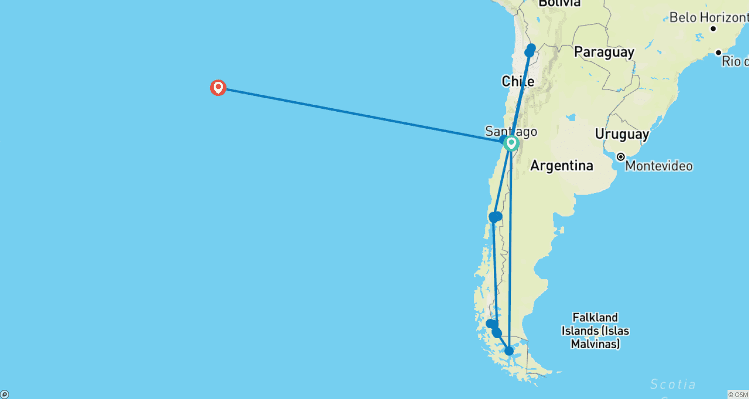 Mapa do percurso de Chile Total: Do Deserto ao Fim do Mundo - 17 DIAS/16 NOITES