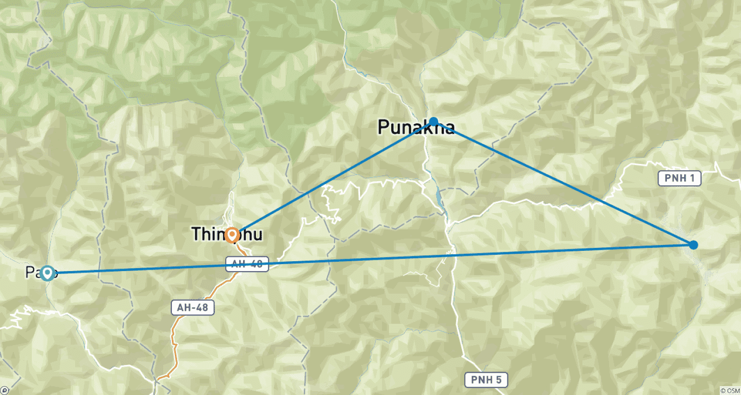 Bhutan Tour: Phobjikha, Punakha, Thimphu, Paro(6N|7D)のルートマップ