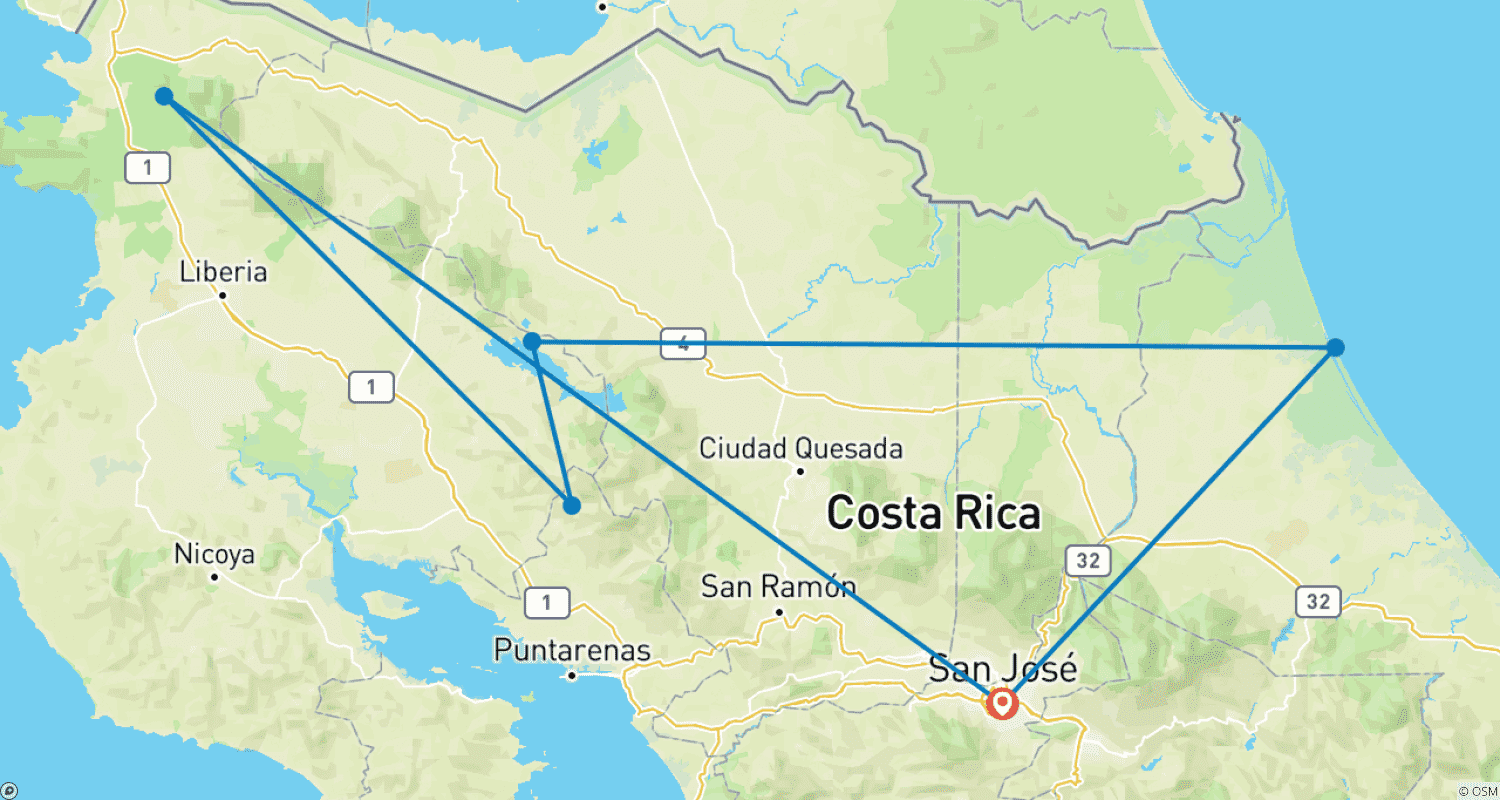 Mapa trasy: Essential Costa Rica - 12 days