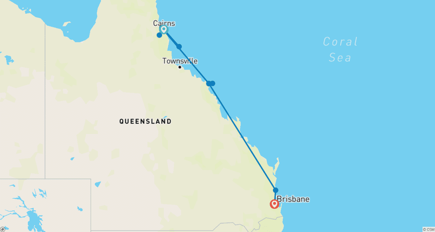 Highlights of the east coast (from Cairns to Brisbane)のルートマップ