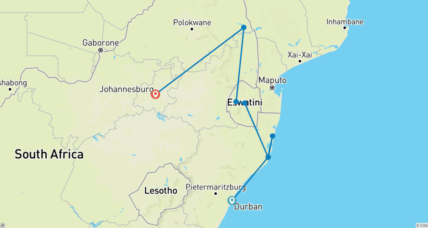Mapa trasy: Kruger Safari with Eswatini 35 to 45 (35 To 45)