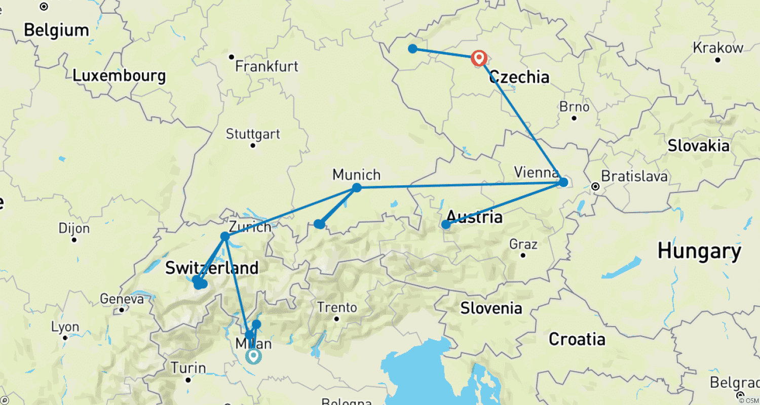 Mapa trasy: 11-dniowa Europa pociągiem: z Mediolanu do Pragi przez Zurych, Monachium i Wiedeń