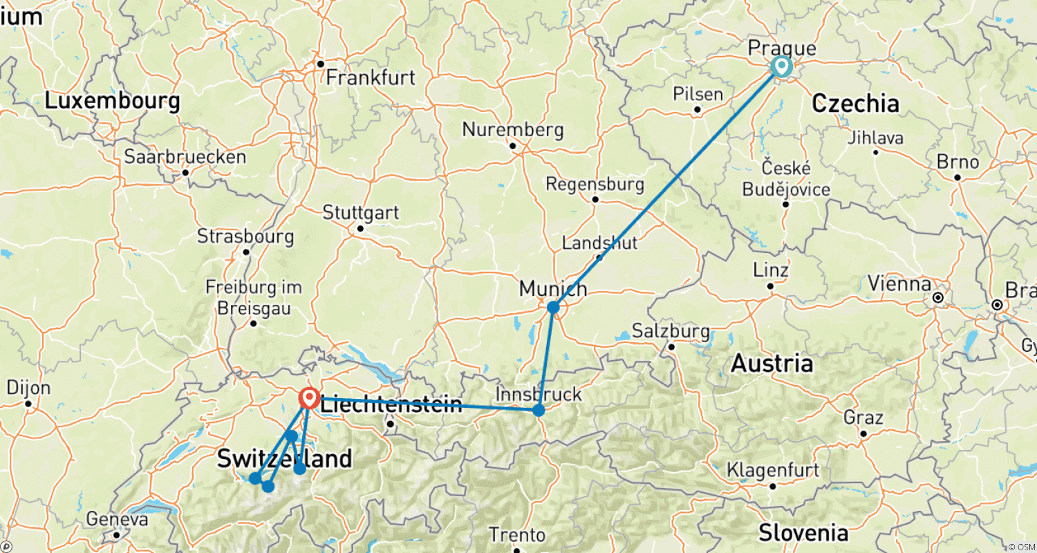 Mapa trasy: Z Pragi do Zurychu GO