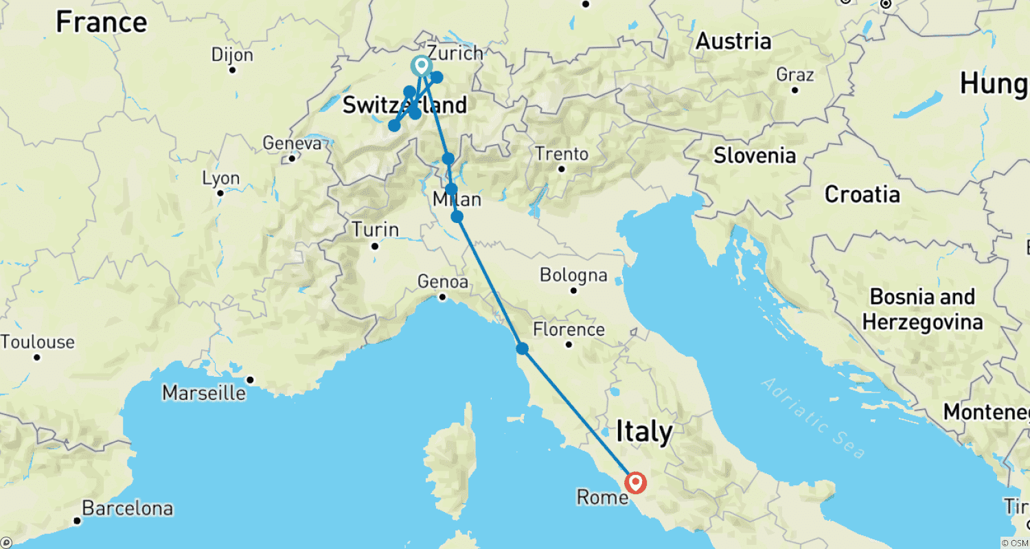 Mapa do percurso de Destaque Suíço e Italiano GO