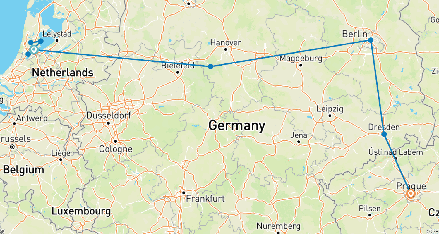 Mapa trasy: Amsterdam, Berlin i Praga GO