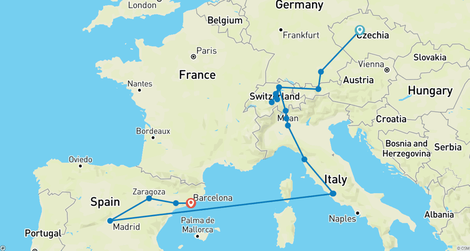Mapa do percurso de Europa Majestosa e Espanha Mágica GO