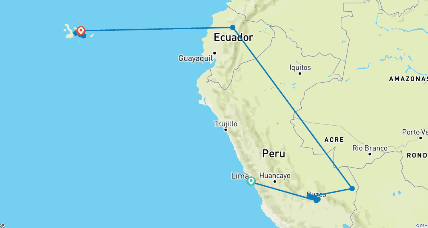 Machu Picchu & Galapagos with Amazon Rainforest – 12 Days of Essentialsのルートマップ