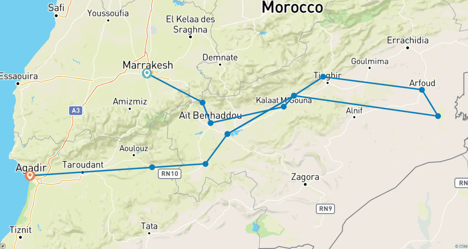 Mapa do percurso de Excursão Privada de 4 Dias pelo Deserto de Marrakech a Agadir e Morocco Tous