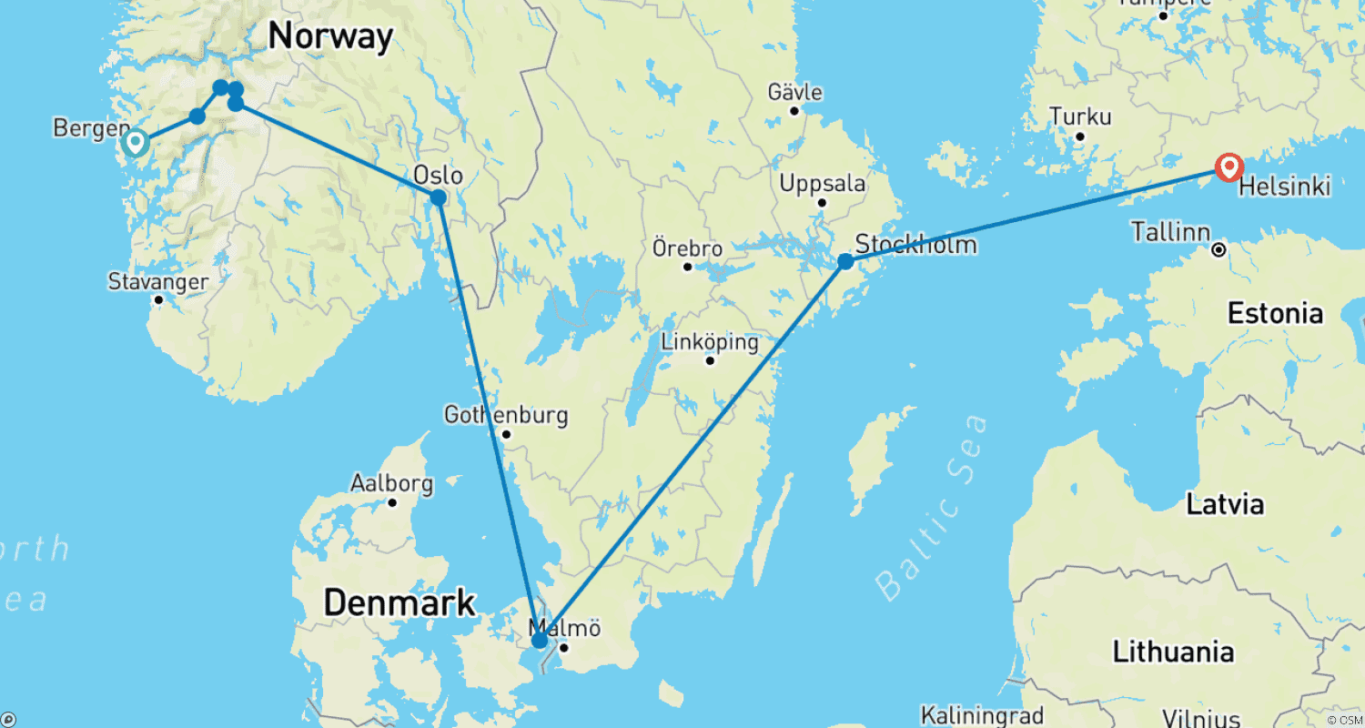 Mapa trasy: Capitals & Fjords 14 Days
