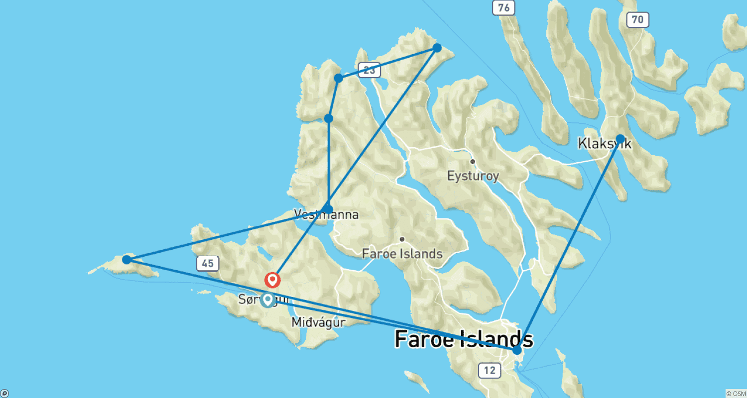 Mapa do percurso de Fascinantes Ilhas Faroé: 8 Dias