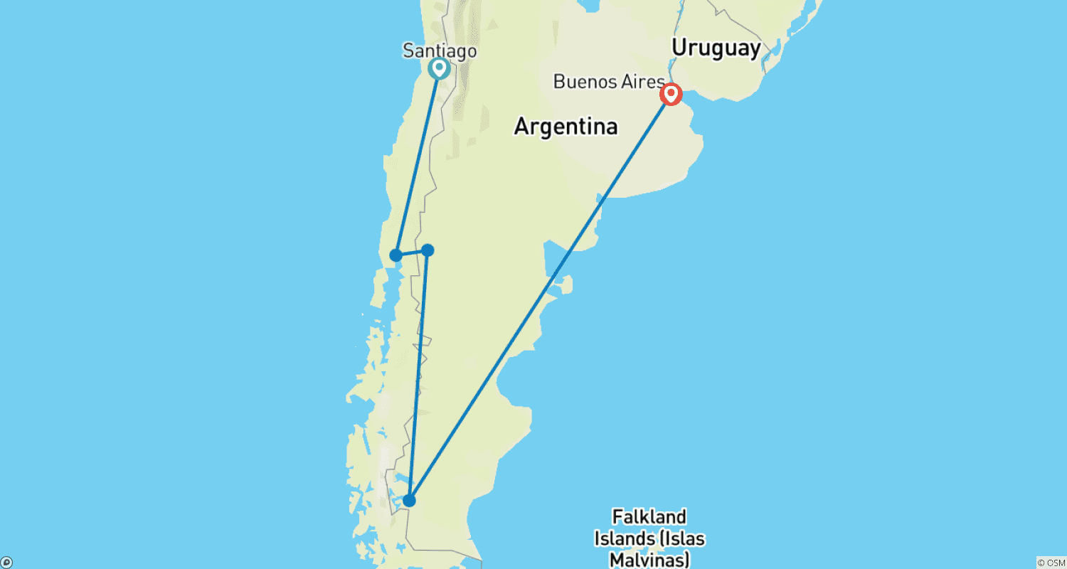 Mapa do percurso de Entre Lagos, Geleiras e Grandes Cidades: De Santiago a Buenos Aires