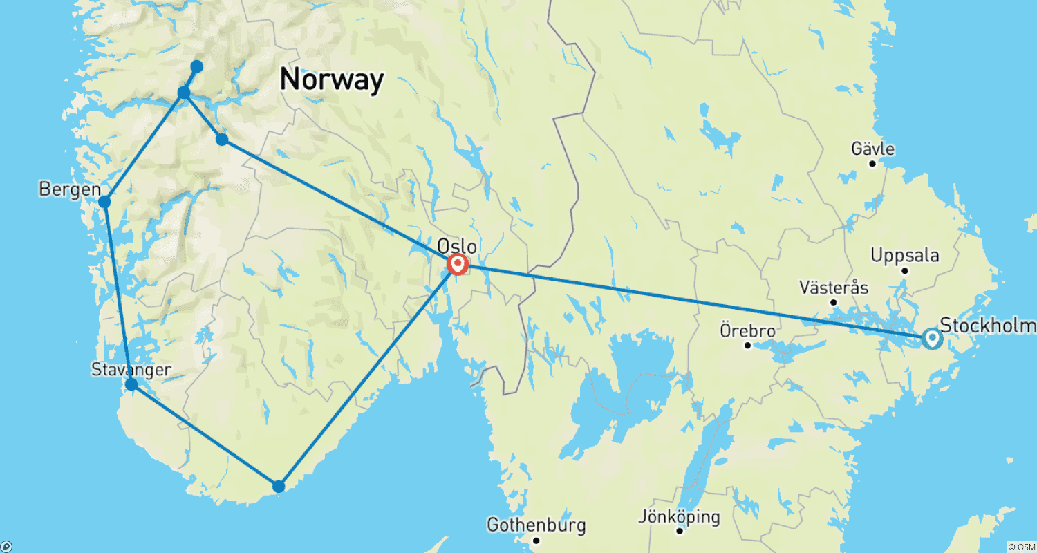 Mapa do percurso de Magic of the Fjords starting at Stockholm to Stavanger and back to OSLO