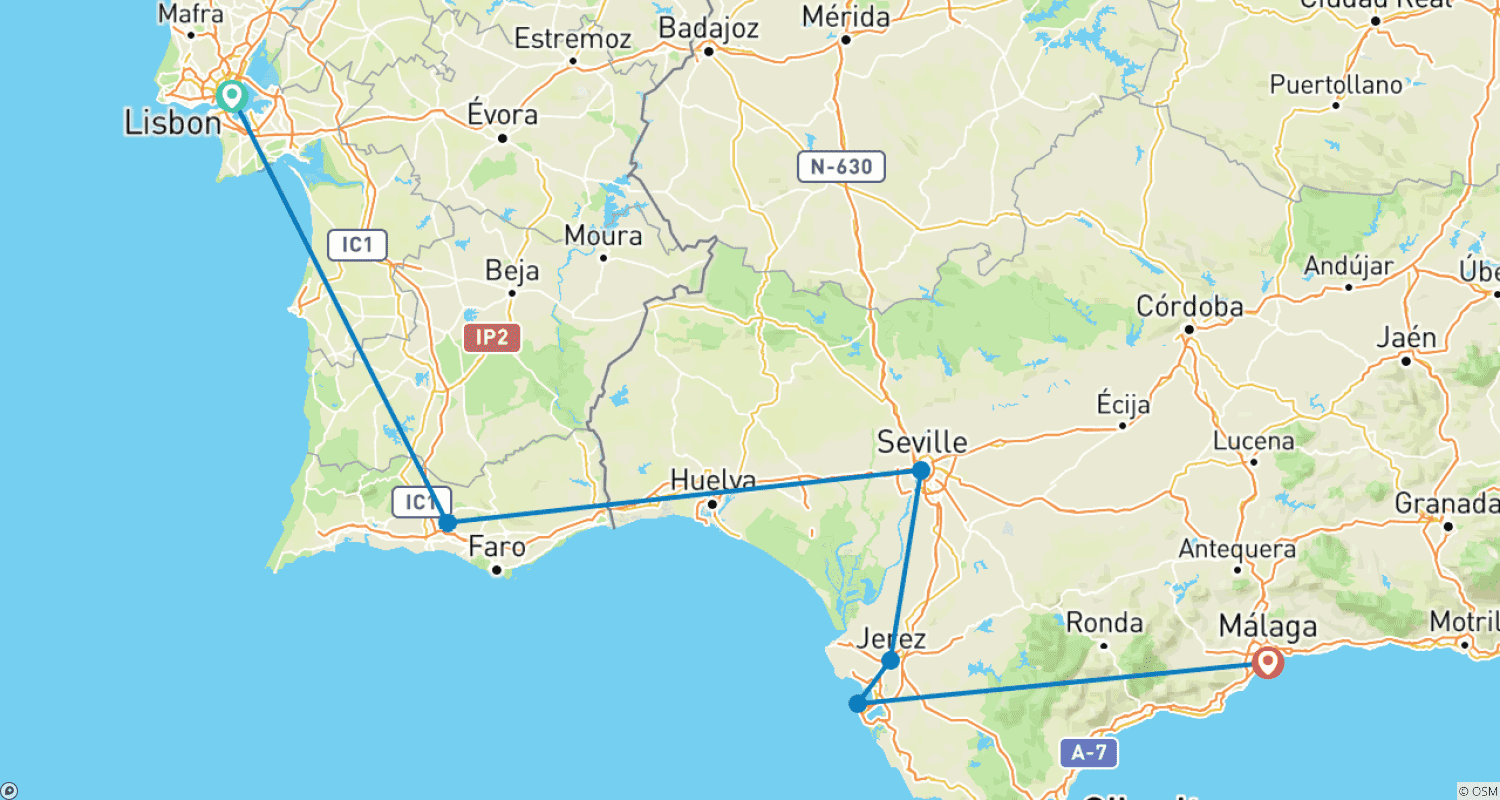 Mapa trasy: Wyprawa z Lizbony na Costa del Sol