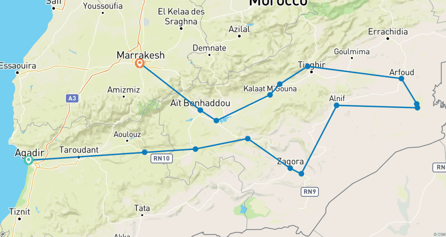 Mapa trasy: Z Agadiru: Prywatna 4-dniowa wycieczka do Marrakeszu przez Pustynię Merzouga